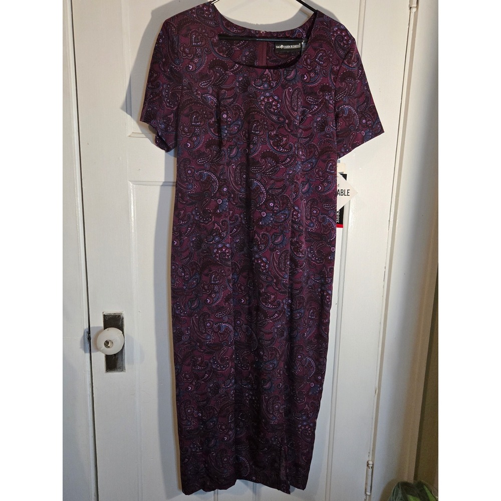 Sag Harbor Dress Womens 14 Purple Paisley Short Sleeve Sheath Midi 20-5295 NWT